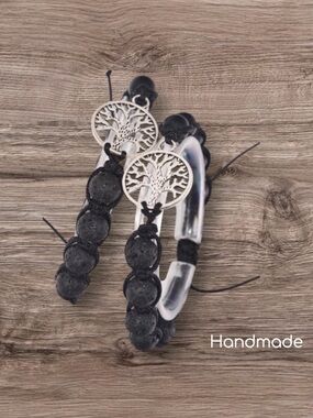 Tree of Life Natural Stone Black Lava Rock Unisex Adjustable Cord Bracelet NEW